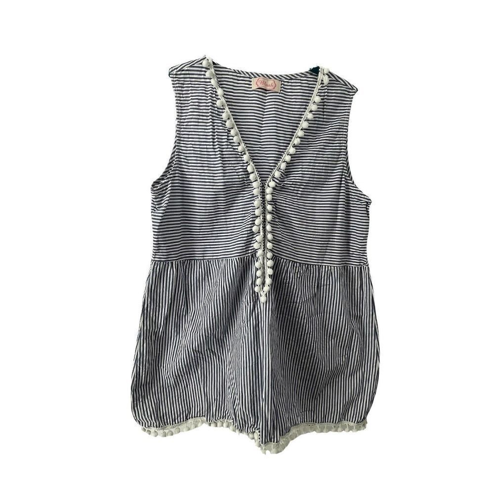 Blush Pom Pom Sleeveless Top Blue White Striped Deep Adjustable V Neck Womens L